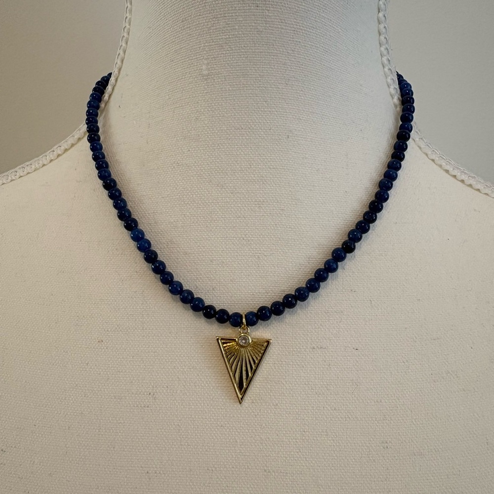Blue Beaded Necklace with Gold Pendant